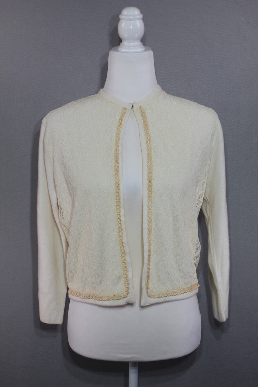 Vintage Park Storyk Ivory Lace Knit Cardigan Sweater Women's Small Gold Trim